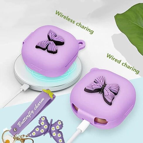 حافظة لهاتف سامسونج جالاكسي Buds2 Pro / حافظة Galaxy Buds2 / حافظة Galaxy Buds Pro / حافظة Galaxy Buds Live حافظة واقية لسماعات الأذن من السيليكون على شكل فراشة لطيفة مع سلسلة مفاتيح للنساء والفتيات (أرجواني) in Kuwait