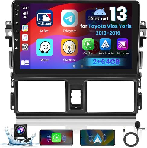Hikity 2+64G Android Car Stereo for Toyota Vios Yaris 2013 2014 2015 2016, 10.1 Inch HD Touchscreen Radio with Wireless Carplay Android Auto, in-Dash GPS Navigation Support BT USB Mirror Link in Saudi Arabia