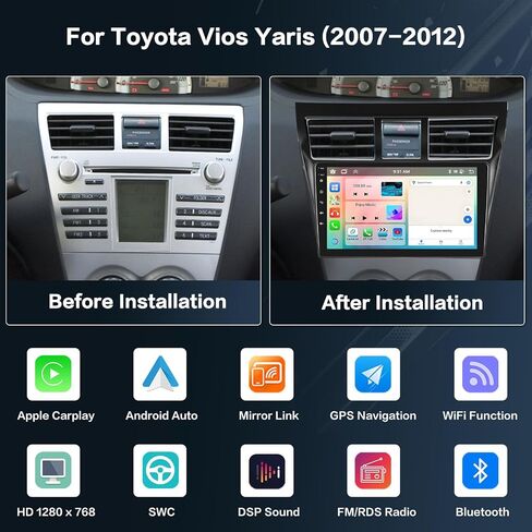 2+32G Android 13 Car Stereo Radio for Toyota Yaris Vios 2007-2012, 9'' HD Touch Screen with Wireless CarPlay Android Auto, AHD Backup Camera, Mirror Link, GPS, WiFi, DSP in Kuwait