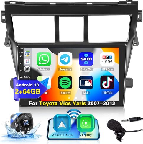 2+32G Android 13 Car Stereo Radio for Toyota Yaris Vios 2007-2012, 9'' HD Touch Screen with Wireless CarPlay Android Auto, AHD Backup Camera, Mirror Link, GPS, WiFi, DSP in Kuwait