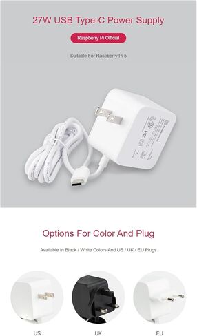 Official 27W USB Type-C Power Supply for Raspberry Pi 5 Output 5.1V/5A, 9V/3A, 12V/2.25A, 15V/1.8A 1.2m Cable Length in Saudi Arabia