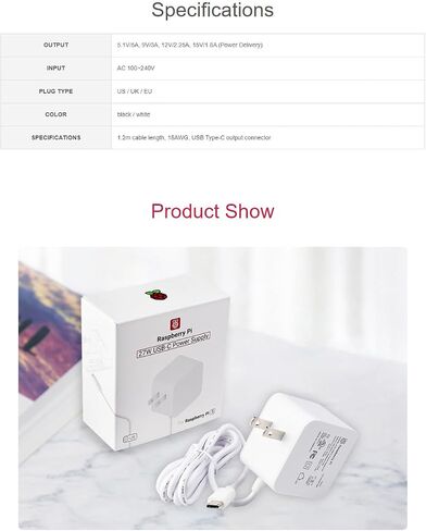 Official 27W USB Type-C Power Supply for Raspberry Pi 5 Output 5.1V/5A, 9V/3A, 12V/2.25A, 15V/1.8A 1.2m Cable Length in Saudi Arabia