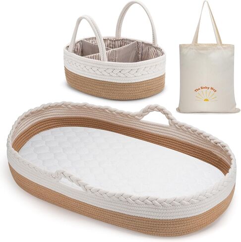 Baby Changing Basket, Moses Basket, Foam Basket Pad, 2 Washable Waterproof Pad Covers, Matching Diaper Caddy, Cloth Tote Bag for Traveling, Portable Changing Pad in Saudi Arabia