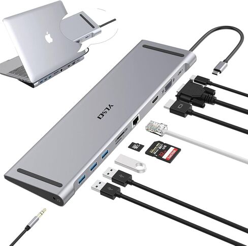 قاعدة توصيل USB C 10 في 1، YLSCI 4K HDMI، VGA، منافذ USB 3.0، USB-C، جيجابت إيثرنت RJ45، قارئ بطاقة SD/TF، ​​صوت لجهاز Mac Air/Mac Pro/Surface Pro in Kuwait