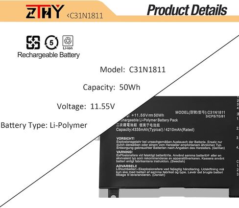 ZTHY 50Wh C31N1811 Laptop Battery Replacement for Asus ZenBook 14 UX433F UX433FA UX433FN RX433F RX433FA RX433FN BX433F BX433FN U4300F U4300FA U4300FN Deluxe13 14 UX433FA-DH74 UX433FA-A6061T A5085T in Saudi Arabia