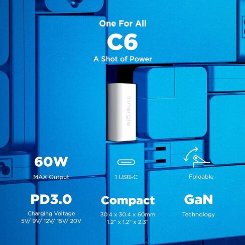 شاحن حائط Innergie 60C-60 Watt PD 3.0 USB-C، شحن سريع 60W PD 3.0 محول طاقة محمول للكمبيوتر المحمول (إصدار قابل للطي)، متوافق مع Switch/iPhone 15/MacBook Pro/Air/iPad/Windows PC (Delta Electronics) in Kuwait