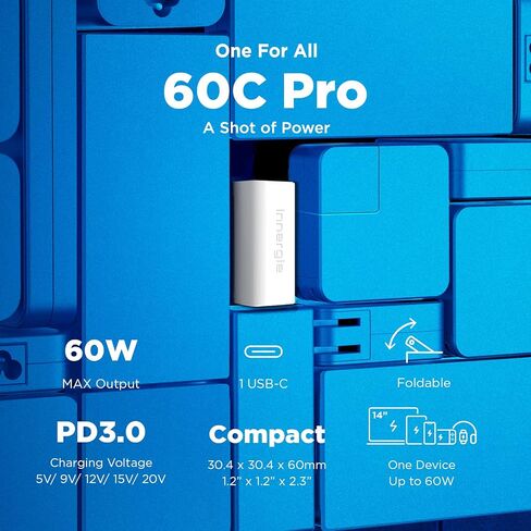Innergie 60C-60 Watt PD 3.0 USB-C Wall Charger,Fast Charge 60W PD 3.0 Portable Laptop Power Adapter(Foldable Ver),Compatible with Switch/iPhone 15/MacBook Pro/Air/iPad/Windows PC(Delta Electronics) in Saudi Arabia