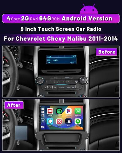 Hikity 2+64GB Android Carplay Stereo لراديو شيفروليه تشيفي ماليبو 2011-2014، شاشة لمس 9 بوصة داخل لوحة القيادة مع نظام Apple Carplay اللاسلكي Android Auto، HiFi، WiFi، BT، FM، كاميرا احتياطية، أسود in Saudi Arabia