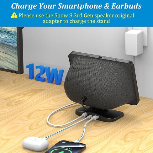 PlusAcc Charging Stand for Show 8 (3rd Gen) - Adjustable Tilt Table Holder with 2 Charging Ports (USB-C & USB-A), Magnetic Station Accessories for Charge Cellphones and Earbuds, Non-Slip Base (Black) in Kuwait