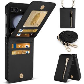 Z Flip 5 Case, Jiunai Samsung Z Flip 5 Case Wallet 4 Card Holder Zipper Pocket with Crossbody Adjustable Strap RFID Block Luxury PU Leather Purse Full Protective Case for Samsung Galaxy Z Flip 5 Black