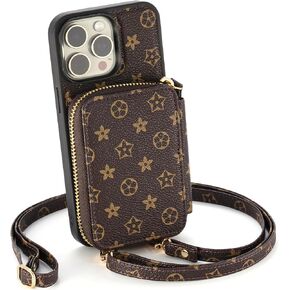 Diaclara Wallet Case Crossbody for iPhone 15 Pro Max 6.7", Stylish Luxury Quilted Leather Card Holder Phone Purse for Women, Blocking Zipper Leather Cover with Shoulder Strap - Brown