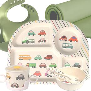 kids bamboo dinnerware set, Toddlers Bamboo Tableware set 8 pcs, Kids Plates set Silicone Bib Placemat, Dinnerware Bamboo Meal Plates for Kids, dish set for children