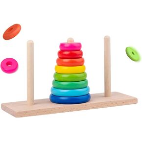 GYBBER&MUMU Wooden Towers of Hanoi (8 Rings) Rainbow Blocks Toy with Storage Box for Kids 3 Years and Up