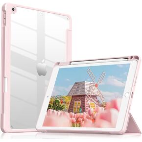 JKSML New Clear iPad 10.2 inch Case for iPad 9th/8th/7th Generation 2021/2020/2019 with Pencil Holder, [Auto WAKE/SLEEP] Transparent Hard PC Back Shell Lightweight Slim Trifold Stand Cover, Pink