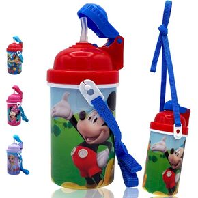 Zak Designs Disney Classic Mickey Carrying Strap One Touch Water Bottles with Reusable Built in Straw - Safe Approved BPA Free, Easy to Clean, for Kids Girls Boys, Goodies Home Travel