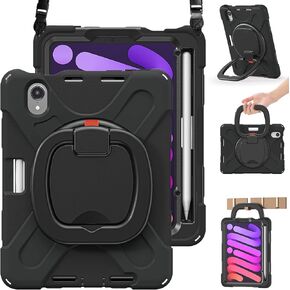 BRAECN iPad Mini 6th Gen Kids Case 8.3''-2021(A2567/A2568/A2569)- Rugged Silicone Cover with Screen Protector, 360 Swivel Handle Grip, Stable Kickstand, Shoulder Strap, Pencil Holder, Colorful Pink