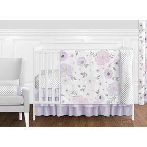 Sweet Jojo Designs Lavender Purple, Pink, Grey and White Shabby Chic Watercolor Floral Baby Girl Nursery Crib Bedding Set - 11 pieces - Rose Flower Polka Dot