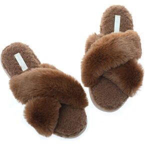 Slippers for Women Fashion Cross Band Plush Anti-Skid Memory Foam Slip On Fuzzy Slides Indoor Outdoor