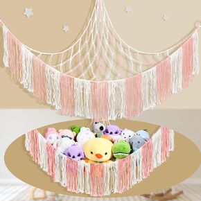 Stuffed Animal Hammock Net - Large Corner Toy Hammock for Plush Storage, Boho Macrame Hanging Organizer for Bedroom Decor, Playrooms, Nursery (Beige)
