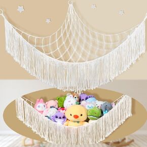 Stuffed Animal Hammock Net - Large Corner Toy Hammock for Plush Storage, Boho Macrame Hanging Organizer for Bedroom Decor, Playrooms, Nursery (Beige)