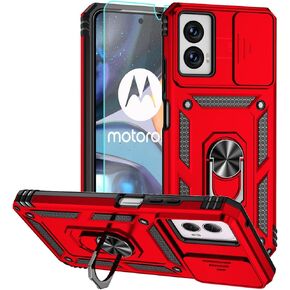 for Moto G 5G 2024 Case, Moto G Play 5G 2024 Case, Soft Silicone Rubber Bumper Hard Plastic Phone Case with Sliding Camera Lens Cover+360° Rotatable Kickstand Ring+HD Screen Protector Black