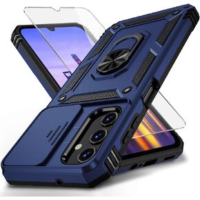 for Samsung Galaxy A15 5G Case with Slide Lens Cover, HD Screen Protector, Military Grade Drop Protection, Magnetic Rotated Ring Holder Kickstand Phone Case, Navy Blue