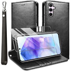 for Samsung Galaxy A35 5G Case and Tempered Glass Screen Protector, PU Leather Flip Cover Wallet Phone Case Protector [Full Protection] [Card Slots] [Kickstand] for Samsung Galaxy A35 5G, Black