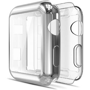 Simpeak Soft Screen Protector Bumper Case Compatible with Apple Watch 38mm Series 2 Series 3, Pack of 2, All-Around, Clear+Plated Silver