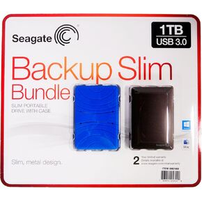 Seagate Backup Slim 1TB USB 3.0 Bundle Slim Portable Drive with Case - Black Drive - Blue Case