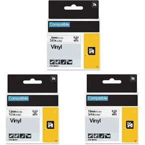 18443 18444 18445 Compatible Label Tape Replacement for DYMO Rhino Vinyl Industrial Permanent 3/8" 1/2" 3/4" Black on White Tapes Compatible with DYMO Rhino 5200 4200 Label Makers, 3Packs