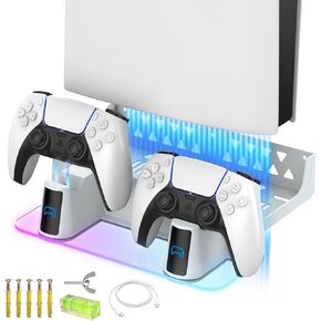 PS5/PS5 Slim Wall Mount Kit with Charging Station RGB LED Light for PS5/New PS5 Slim Consoles Disc&Digital,Fast Dual Controller Chargers,Steel Wall Stand,Headphone Hanger