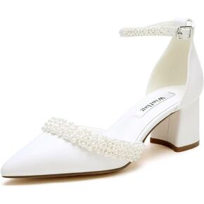 Block Heel Wedding Shoes for Bride Pointed Toe Pearl Heels Ankle Strap Wedding Heels Bridal Shoes