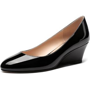 MERRORI Women's Slip On Round Toe Solid Patent Wedge Low Heel Pumps Shoes 2 Inch