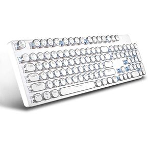 Retro Vintage 104- Key Hot-Swappable Mechanical Wireless Keyboard with White LED Backlit Typewriter: Bluetooth/2.4 G/USB for Multi-Device: PC/Mac/iPad/Smartphone/(Blue Switch, Rechargeable, White)