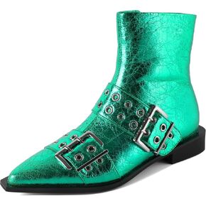 SAMMITOP Women's Ankle Boot Chunky Low Heel Dress Ankle Boots Classic Pointed Toe Side Zipper Chelsea Booties with Metal Buckle Eyelet 1.2 Inch
