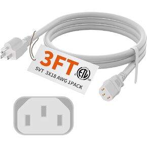 HUANCHAIN 3 FT Power Cord 3 Prong, 18/3 C13 PC Power Cable for Comeputer, Monitor, TVs, Projectors, Desktops, Speakers, NEMA 5-15P to C13 10A 125V 1250W 18AWG, White ETL Listed