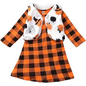 fioukiay Toddler Girls Halloween Outfits 2PC Kids Orange Plaid Dress with Vest Coat Clothes Set