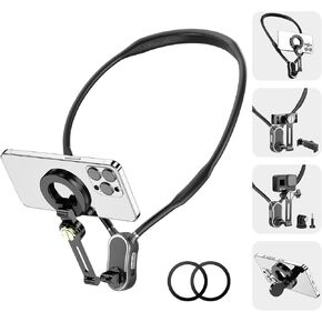 4 in 1 Magnetic Neck Mount for Phones,POV/Vlog Neck Phone Holder for Recording w/Chest Strap/Phone Clip Selfie Mount Phone Neck Holder Neck Tripod for iPhone/Android/Go Pro DJI Camera-Black
