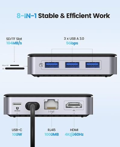 USB C Hub, ORICO 8 in 1 USB C Docking Station with 4K@60Hz HDMI, 1000M Ethernet, 100W PD Charging, SD/TF Card Reader, 3 USB Port, Type C Multiport Adapter for MacBook Pro iPad Lenovo Dell Hp Laptop in Saudi Arabia