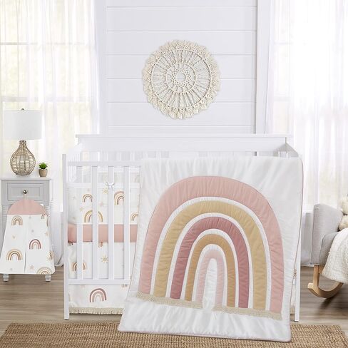 مجموعة مفروشات سرير الأطفال من Sweet Jojo Designs Boho Rainbow Girl لحضانة الأطفال الرضع قابلة للتنفس، بطانية شبكية قابلة للتنفس، تنورة ملاءة 6 قطع وردي أحمر الخدود أصفر بوهيمي محايد عتيق البنفسجي نجوم الشمس in Saudi Arabia