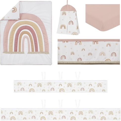 مجموعة مفروشات سرير الأطفال من Sweet Jojo Designs Boho Rainbow Girl لحضانة الأطفال الرضع قابلة للتنفس، بطانية شبكية قابلة للتنفس، تنورة ملاءة 6 قطع وردي أحمر الخدود أصفر بوهيمي محايد عتيق البنفسجي نجوم الشمس in Saudi Arabia