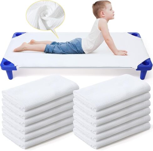 12 Pcs Daycare Cot Sheets for Toddlers Preschool, Standard Size 23" x 51" Crib Bedding Nap Mat, Muslin Soft Breathable Fabric White Sleeping Pads Fitted for Kids Baby Boys Girls in Kuwait
