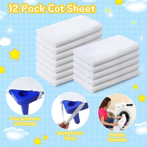 12 Pcs Daycare Cot Sheets for Toddlers Preschool, Standard Size 23" x 51" Crib Bedding Nap Mat, Muslin Soft Breathable Fabric White Sleeping Pads Fitted for Kids Baby Boys Girls in Kuwait