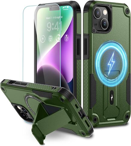 Caka for iPhone 13 / iPhone 14 Case with [Invisible Kickstand] [Compatible with MagSafe], iPhone 13 Case with HD Screen Protector Military Grade Drop Protection Case for iPhone 14 6.1 inch Black in Saudi Arabia