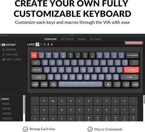 Keychron Q4 Wired Custom Mechanical Keyboard, 60% Layout QMK/VIA Programmable Macro with Hot-swappable Gateron G Pro Red Switch Double Gasket Compatible with Mac Windows Linux (Black) in Saudi Arabia