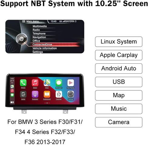 شاشة NINETOM 10.25 بوصة تعمل باللمس لاسلكية Apple CarPlay Android Auto Car شاشة الوسائط المتعددة لنظام BMW 3/4 Series NBT، F30/F31/F32/F33/F34/F35/F36 (2013-2016) in Kuwait