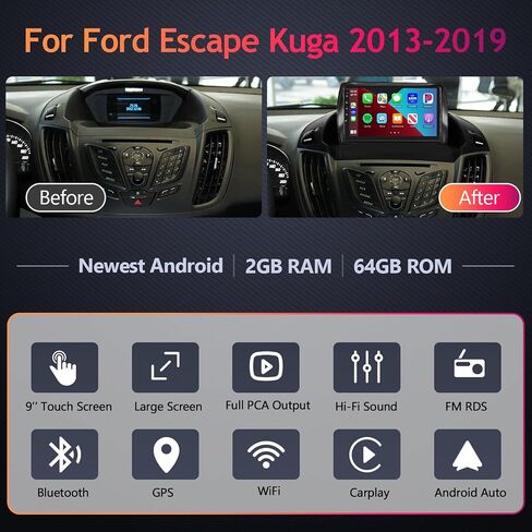 2G + 64G لـ 2013-2019 Ford Escape Kuga راديو السيارة Android مع تشغيل السيارة اللاسلكي Android Auto MirrorLink HiFi Audio، Podofo 9 بوصة شاشة تعمل باللمس بلوتوث ستيريو للسيارة مع GPS WiFi كاميرا احتياطية in Saudi Arabia