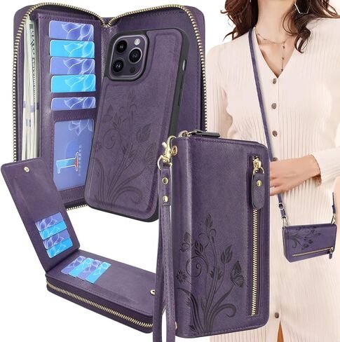 Lacass Compatible with iPhone 14 PRO MAX 6.7 inch 2022 Case Crossbody Dual Zipper Detachable Magnetic Leather Wallet phone case Cover (Floral Dark Purple) in Saudi Arabia