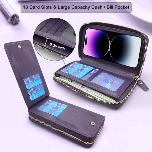 Lacass Compatible with iPhone 14 PRO MAX 6.7 inch 2022 Case Crossbody Dual Zipper Detachable Magnetic Leather Wallet phone case Cover (Floral Dark Purple) in Saudi Arabia