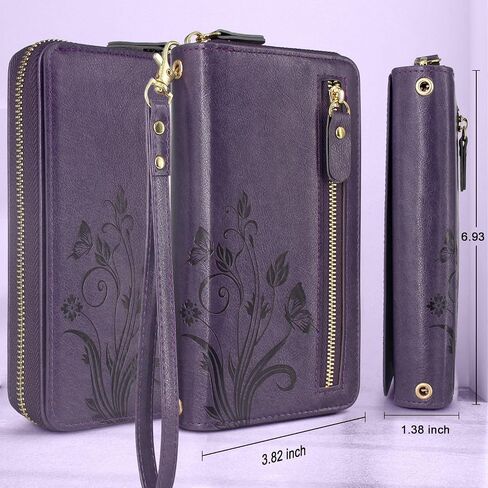 Lacass Compatible with iPhone 14 PRO MAX 6.7 inch 2022 Case Crossbody Dual Zipper Detachable Magnetic Leather Wallet phone case Cover (Floral Dark Purple) in Saudi Arabia